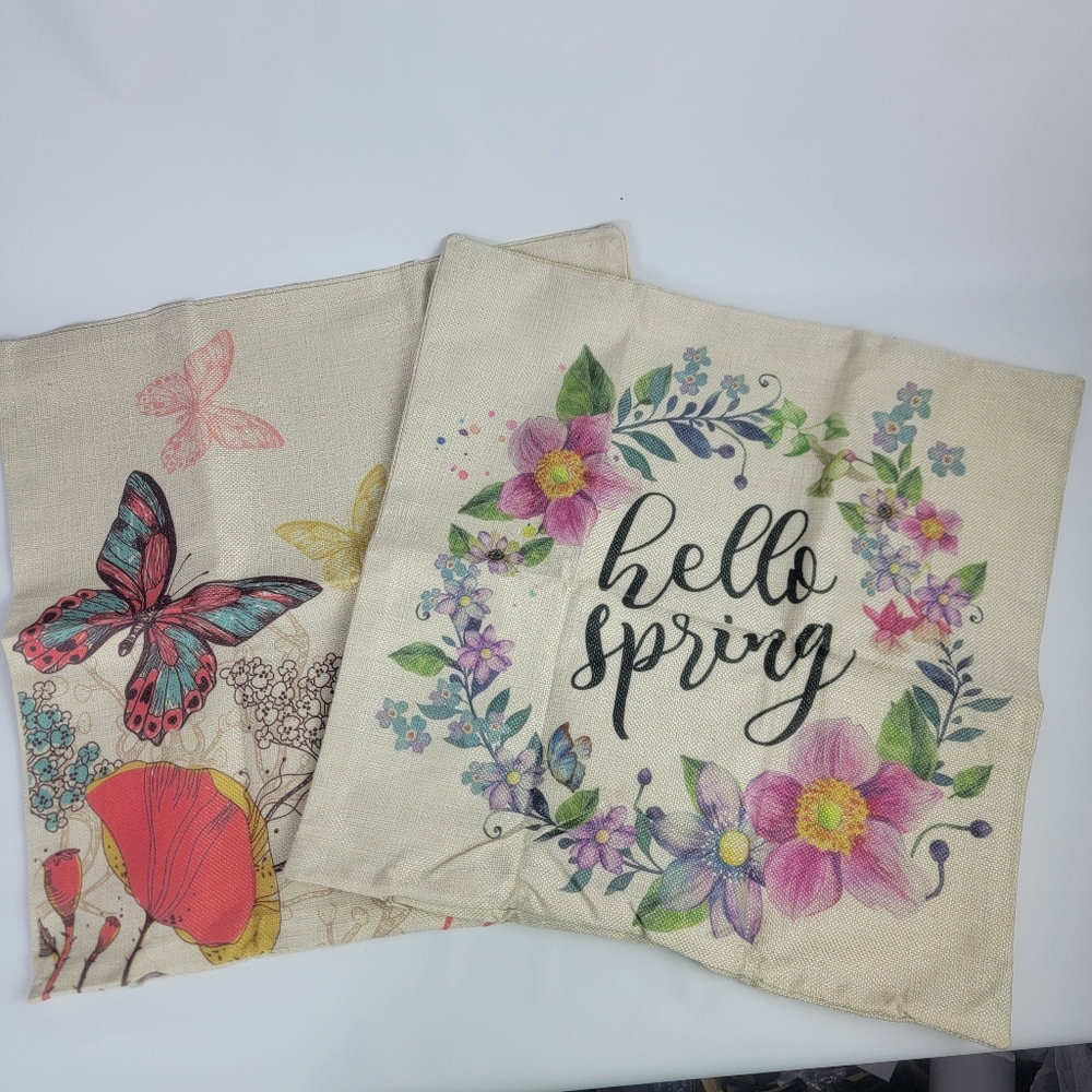 2pcs Pillowcase Cover Hello Spring Butterfly Plants Flowers Multicolor 15½x 15½"